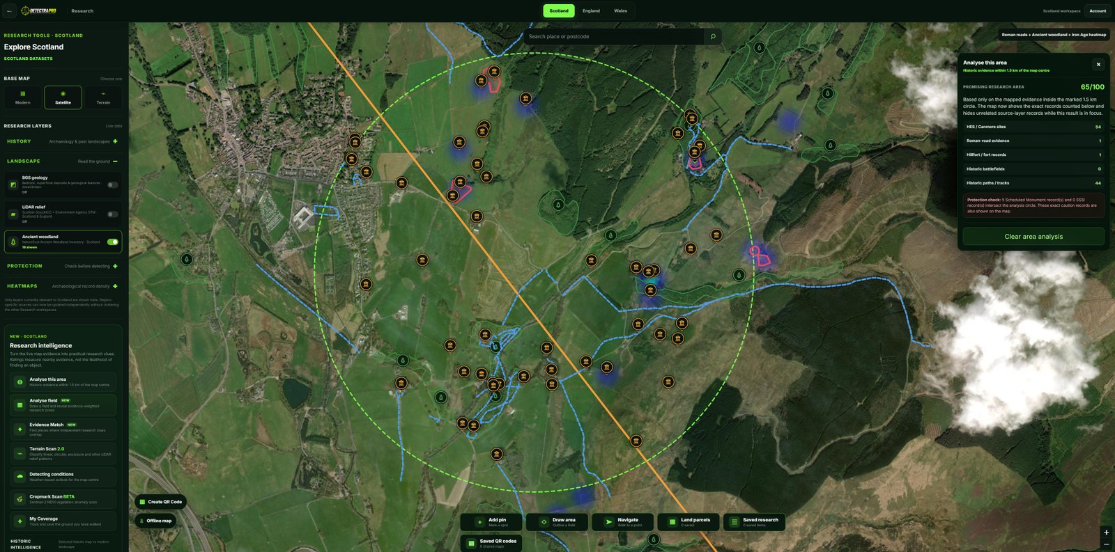 A real screenshot of DetectraPro with the Analyse This Area circle, research markers and populated results panel visible.