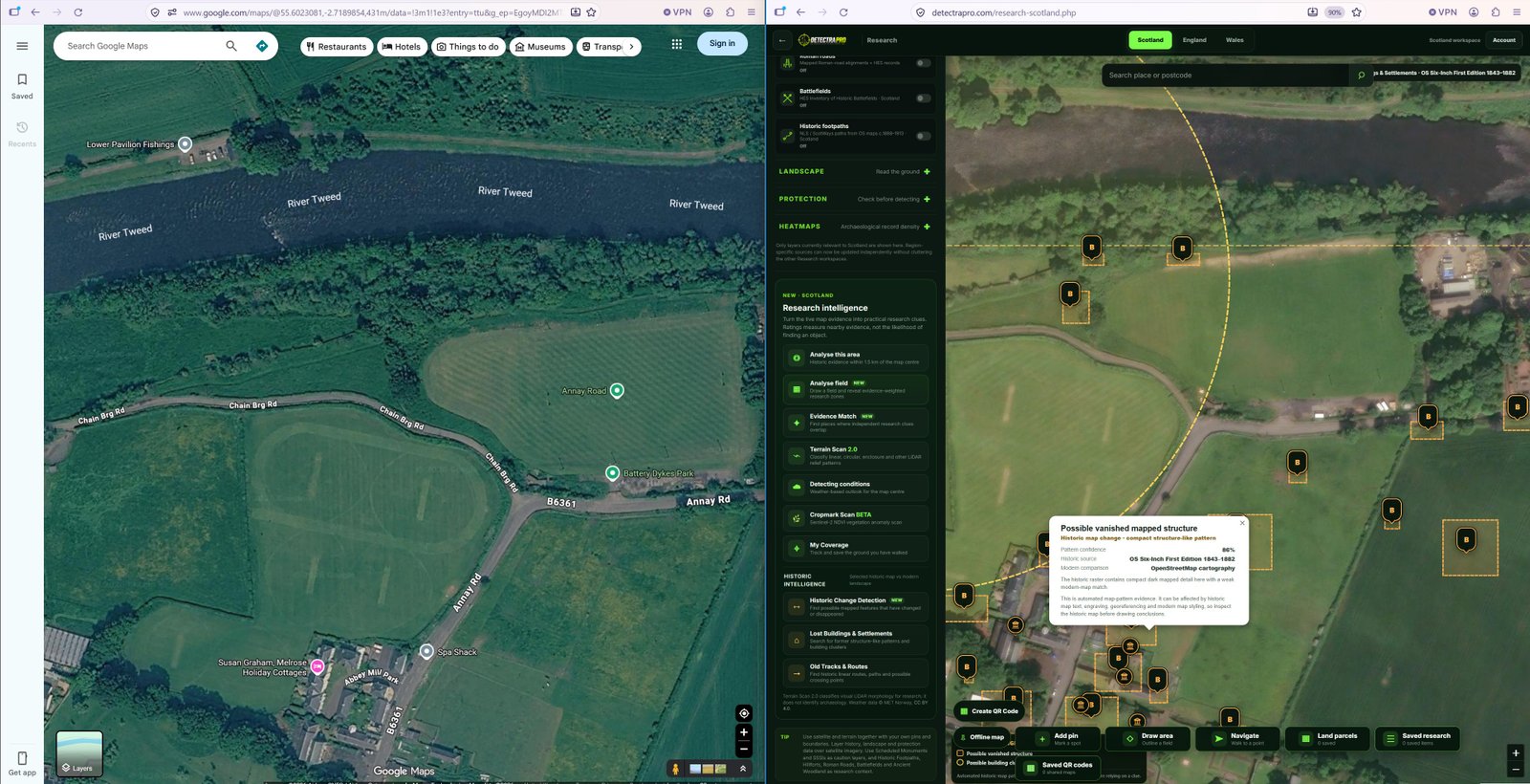 Side-by-side authentic old map and modern satellite image of exactly the same British rural area, with a vanished building circled.