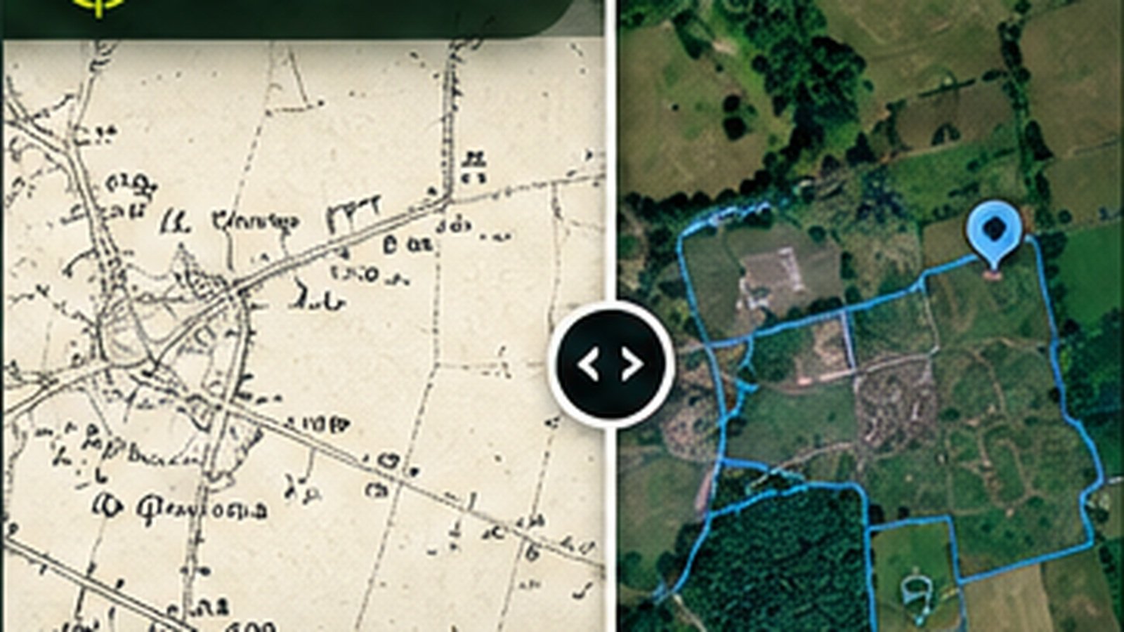 Two matching views of the same location: an authentic historic map on the left and modern satellite imagery on the right.