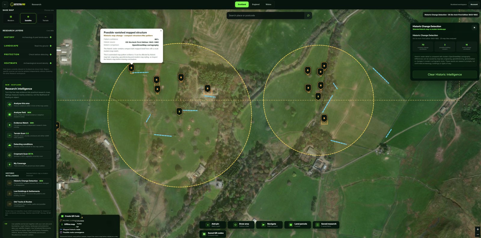 Authentic DetectraPro map with an analysis circle and several different evidence markers visible, without invented finds.