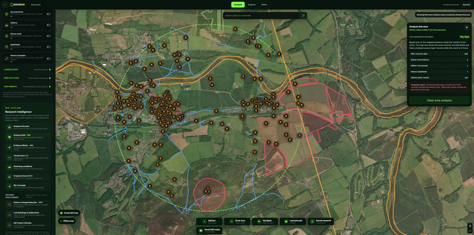 A genuine DetectraPro screen showing Research Intelligence or evidence results beside a satellite map, with the result panel legible.