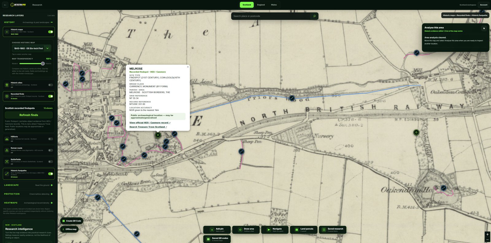 An aerial view of a British field with an old map inset and a clearly visible route, ideally an authentic DetectraPro screenshot.
