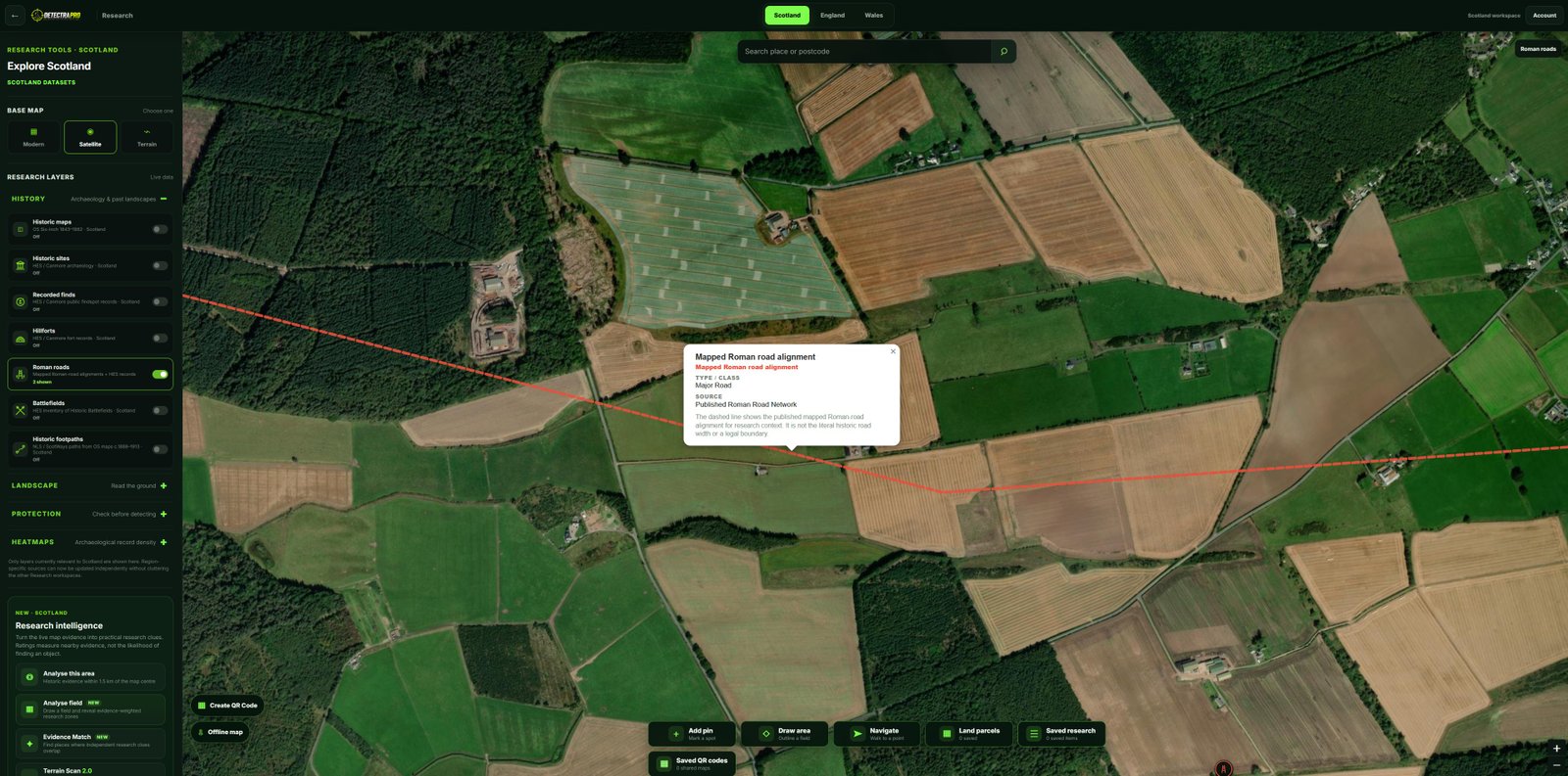 A genuine DetectraPro map screenshot showing its dashed Roman road overlay through countryside, with a visible legend.
